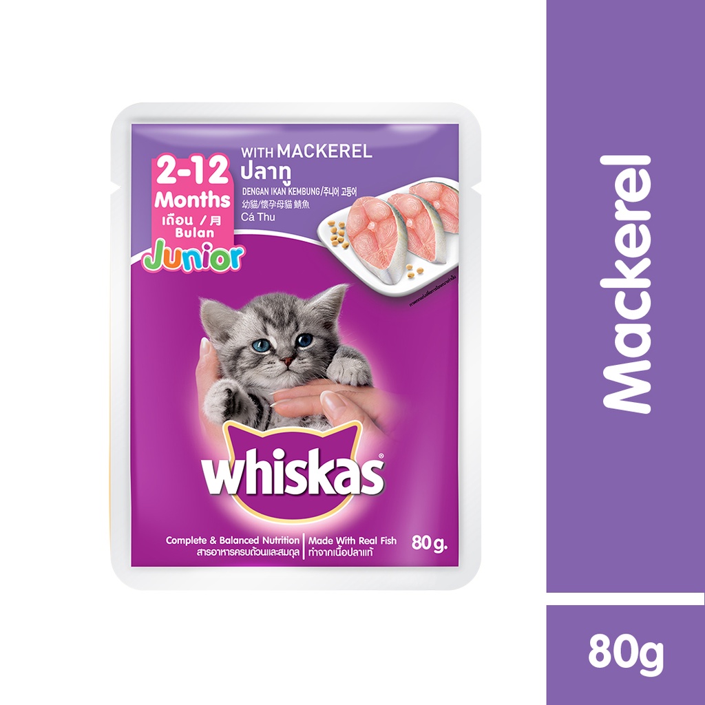 WHISKAS® Makanan Kucing Basah Pouch Junior Starter Pack rasa Mackerel 80gr - Isi 3-1
