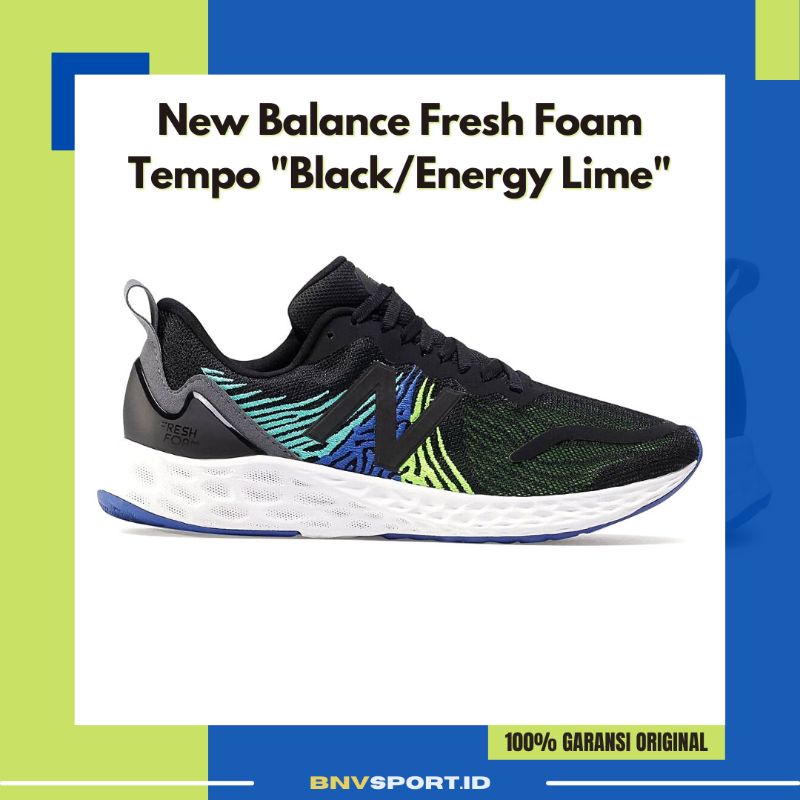 Sepatu Running New Balance Fresh Foam Tempo M Black Energy Lime MTMPOBL Original Sneakers Pria Bisa 