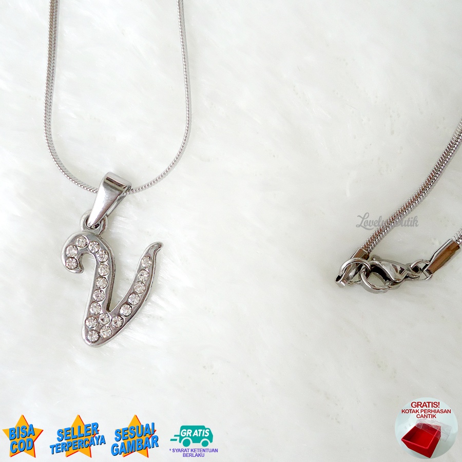 Lovelybutik Honey Kalung Inisial Huruf Titanium Anti Karat Kalung Hurup Abjad Alphabet Ins V Klasik  BONUS KOTAK PERHIASAN