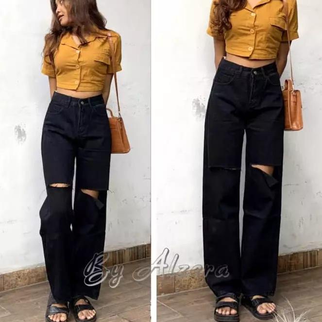 ➺Murah Banget✽➺ Celana Kulot Jeans Wanita Sobek Destroy Lutut Nessa /celana boyfriend wanita korean 