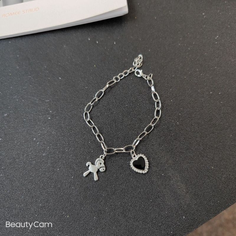 FerenHongXia Vintage Simple Pony Pendant Bracelet Spade Heart Thick Chain Bracelet Gelang Pony