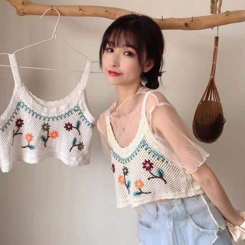 Crochet Vest Knit Korean Lace Crop Top - Rompi Outer Rajut Wanita Embroidery Tank Top