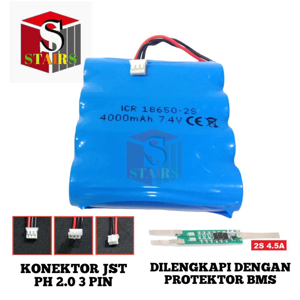 Baterai Speaker/ RC Mainan Anak &amp; Elektronik Lainnya 4X 18650-2S 4000mAh 7.4V Protektor BMS 4.5A Konektor JST PH2.0 3 PIN