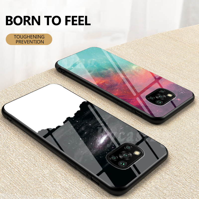 Starry Sky Tempered Glass Phone Case For Xiaomi Poco X3 NFC Soft Frame Anti Scratch Hard Back Cover BY