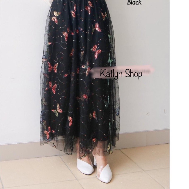 Rok Tutu Kupu Kupu 3D Timbul Panjang / Tutu Maxi Skirt Import ButterFly Embroidery - Katlyn Shop-Kupu Sequin - Black