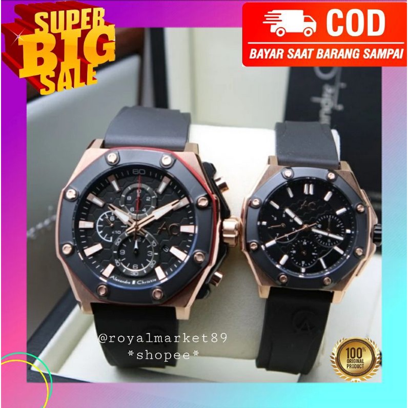 [PILIHAN WARNA LAIN GESER FOTONYA] ORI JAM TANGAN COUPLE ALEXANDRE CHRISTIE CHRONOGRAPH RUBBER STRAP