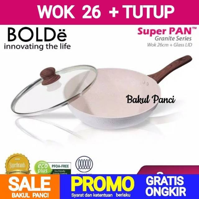 Bolde Super Pan Wok ( Wajan ) 26 Cm + Lid Tutup Kaca, Granite Beige Series