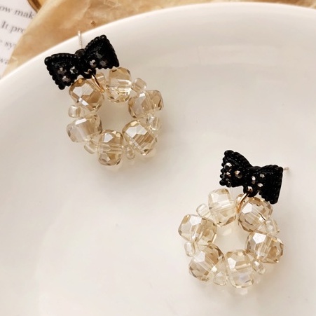 Anting Tusuk silver Desain Pita Hitam Hias Kristal Berlian Asimetris Gaya retro Korea