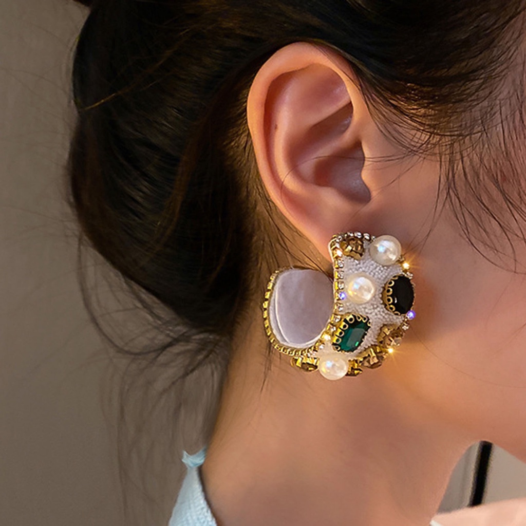 Hu Hu Hu Hu Hu Alat Bantu Pasang Kacamata♡ 1 Pasang Anting Stud Bentuk C Aksen Mutiara Berlian Imitasi Untuk Wanita