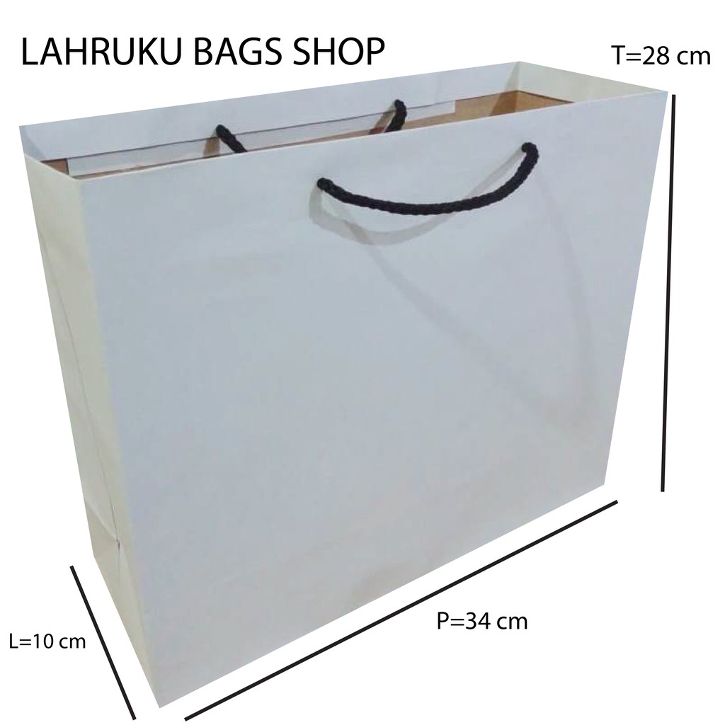 

PAPER BAG Polos Putih Custom bahan Kraft Ukuran PLT 34x10x28 Bertali Hitam Bagus Kuat Berkualitas OK