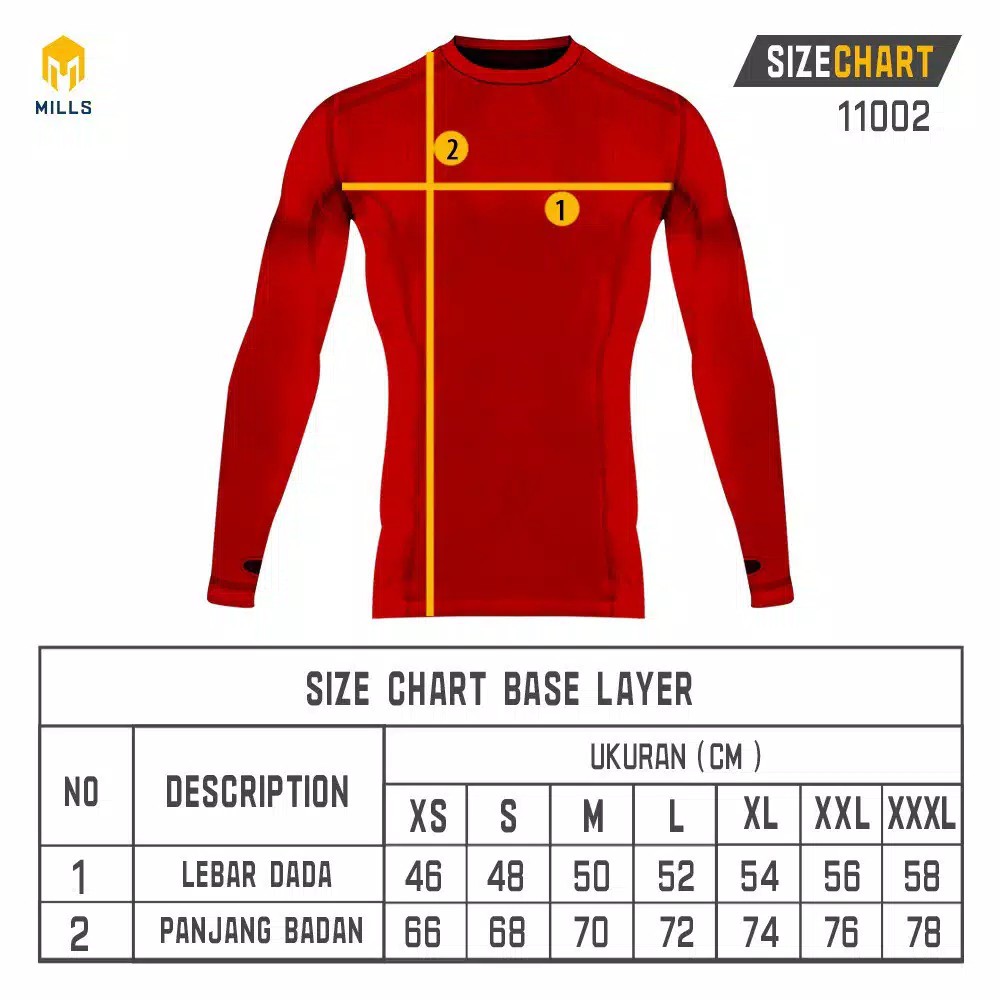 BASELAYER LONG SLEEVE MILLS 11002 BAJU DALAMAN MILLS JERSEY TIMNAS GARUDA INDONESIA ORIGINAL