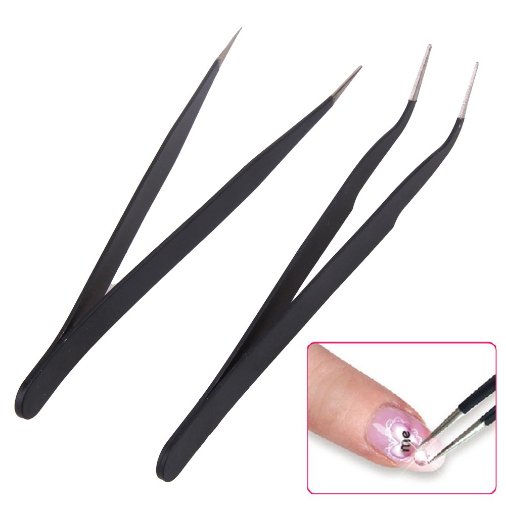 2Pcs Antistatic Manicure Tweezer Nipper Tools Straight Bent Heads Nail Rhinestones Sequins Picking