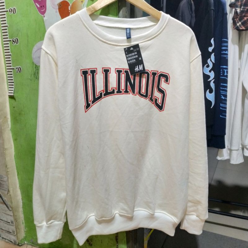 Hnm Sweater Crewneck Cream Pria Wanita Cewek Cowok H&amp;m ILLINOIS Full Tag Label Free Paper bag