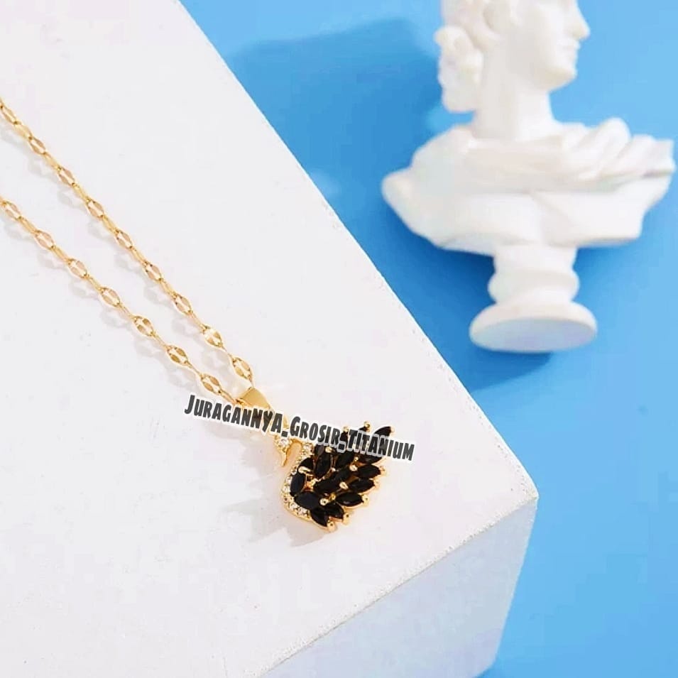 TITANIUM KALUNG ANGSA ZIRCON KRISTAL WARNA  ELEGAN MODERN GOLD ANTI LUNTUR&amp;KARAT