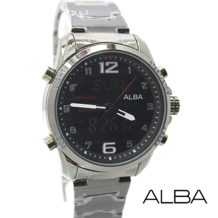 Jam Tangan Pria / Cowok Alba Dual Time SK801 Rantai Black Red