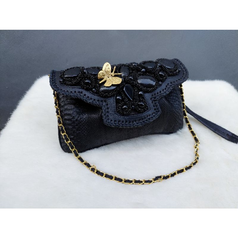 Tas pesta Raisa size S warna hitam - cluth model kipas asli tas kulit ular piton