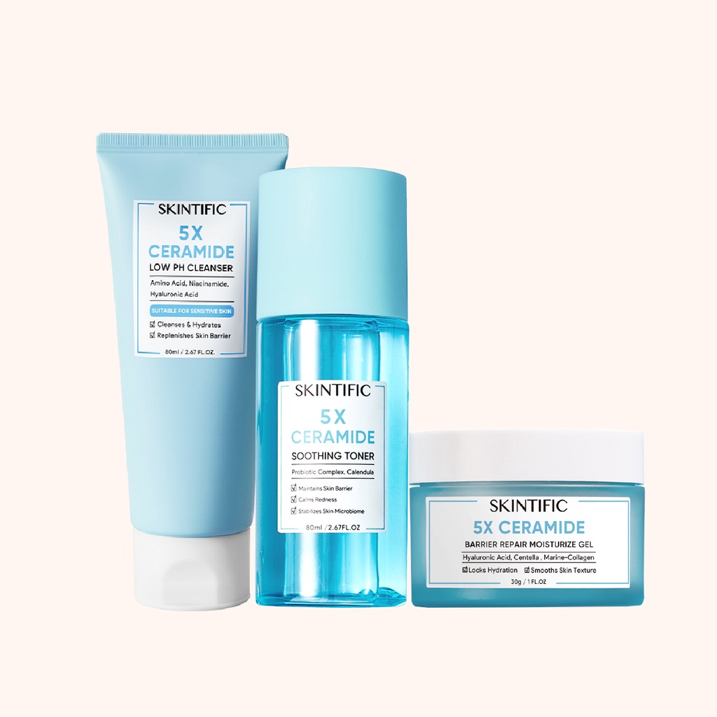 【Skintific Outlet Official】SKINTIFIC  5X Ceramide Low pH Cleanser Gentle Cleanser 80Ml Sabun Cuci Muka Pembersih Face Wash &amp; 5X Ceramide Barrier  Moisturize Gel Moisturizer 30G Pelembab Wajah &amp;  5X Ceramide Soothing Toner 80ml