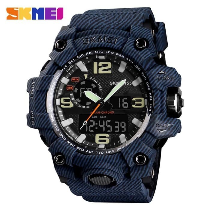 Jam Tangan Pria Sporty Skmei 1155 Denim Dual time Original Bergaransi
