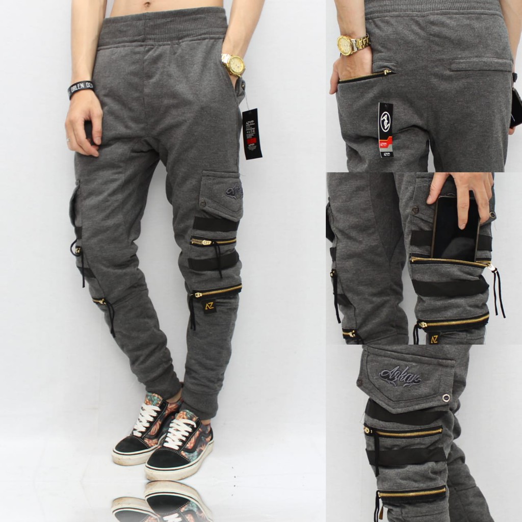 Celana Jogger Pria Double Zipper Sweatpants Training Olahraga