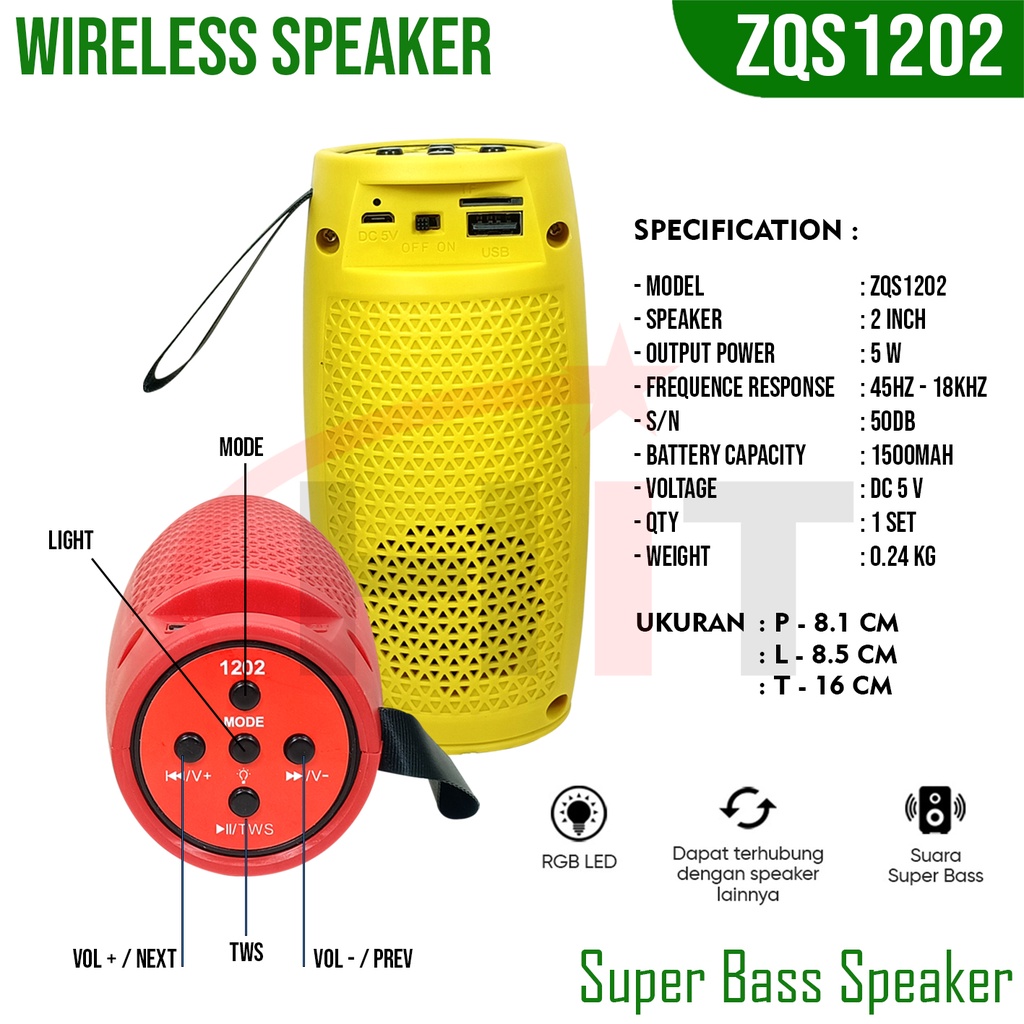 Speaker Portable ZQS1202 Wireless Super Bass with Led Light Function