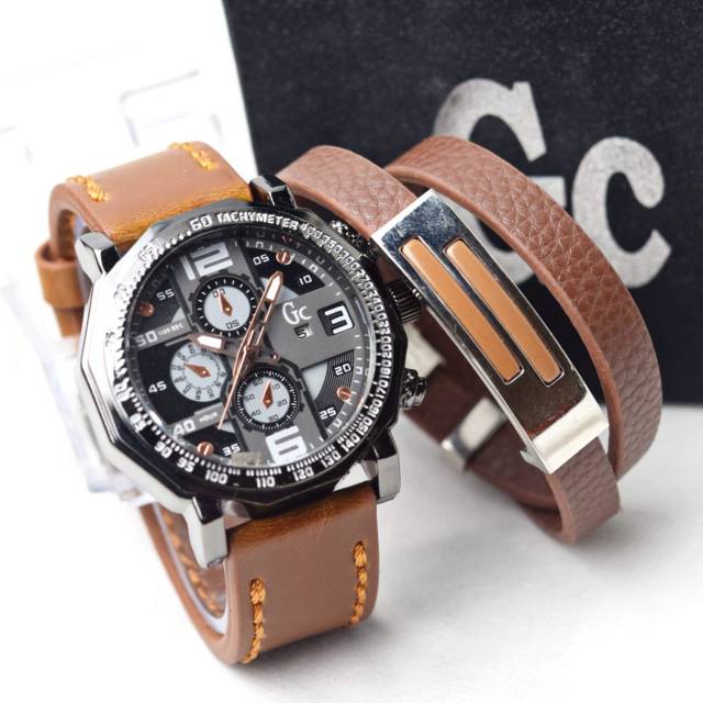 FREE GELANG+BOX - JAM TANGAN PRIA - JANGAN GUESS COLLECTION GC SPORT STRAP TALI KULIT