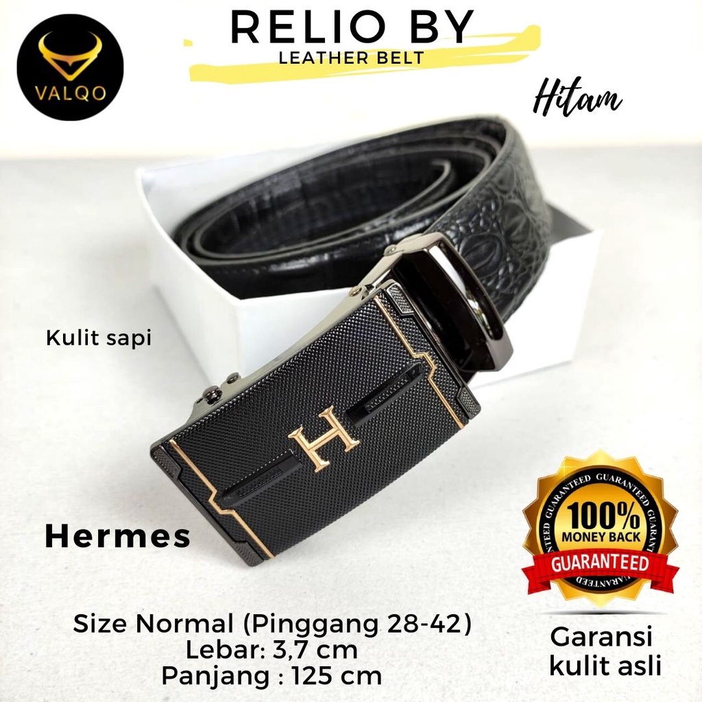 [VALQO] RELIO BY Hitam 125 cm Ikat Pinggang kulit Sapi Motif Buaya Gesper Premium Sabuk Pria Pinggang Normal