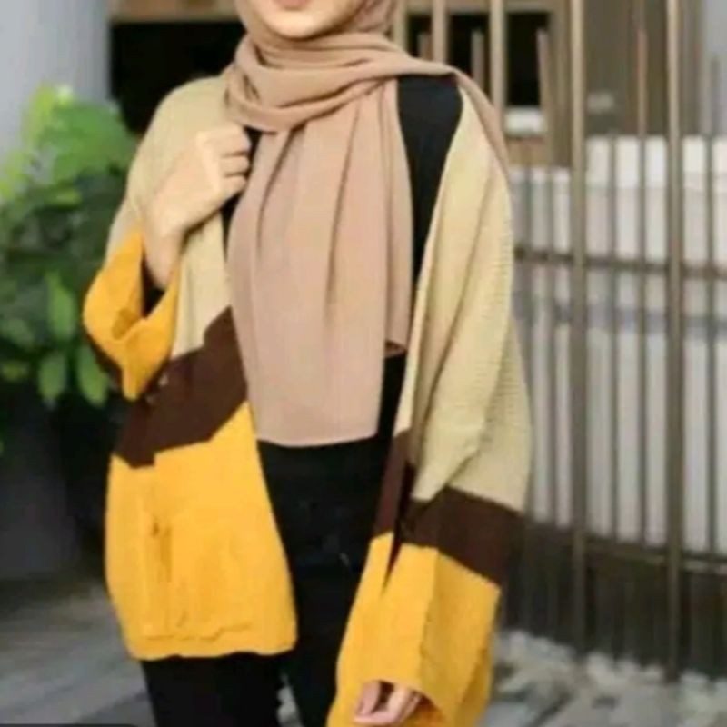 Cardi Mahera Outer Rajut Cardigan Warna Pastel Motif Lapis Bahan Rajut Halus nb