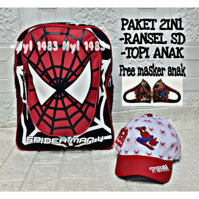 RANSEL ANAK SD 2IN1 SPIDERMAN/TOPI BORDIR