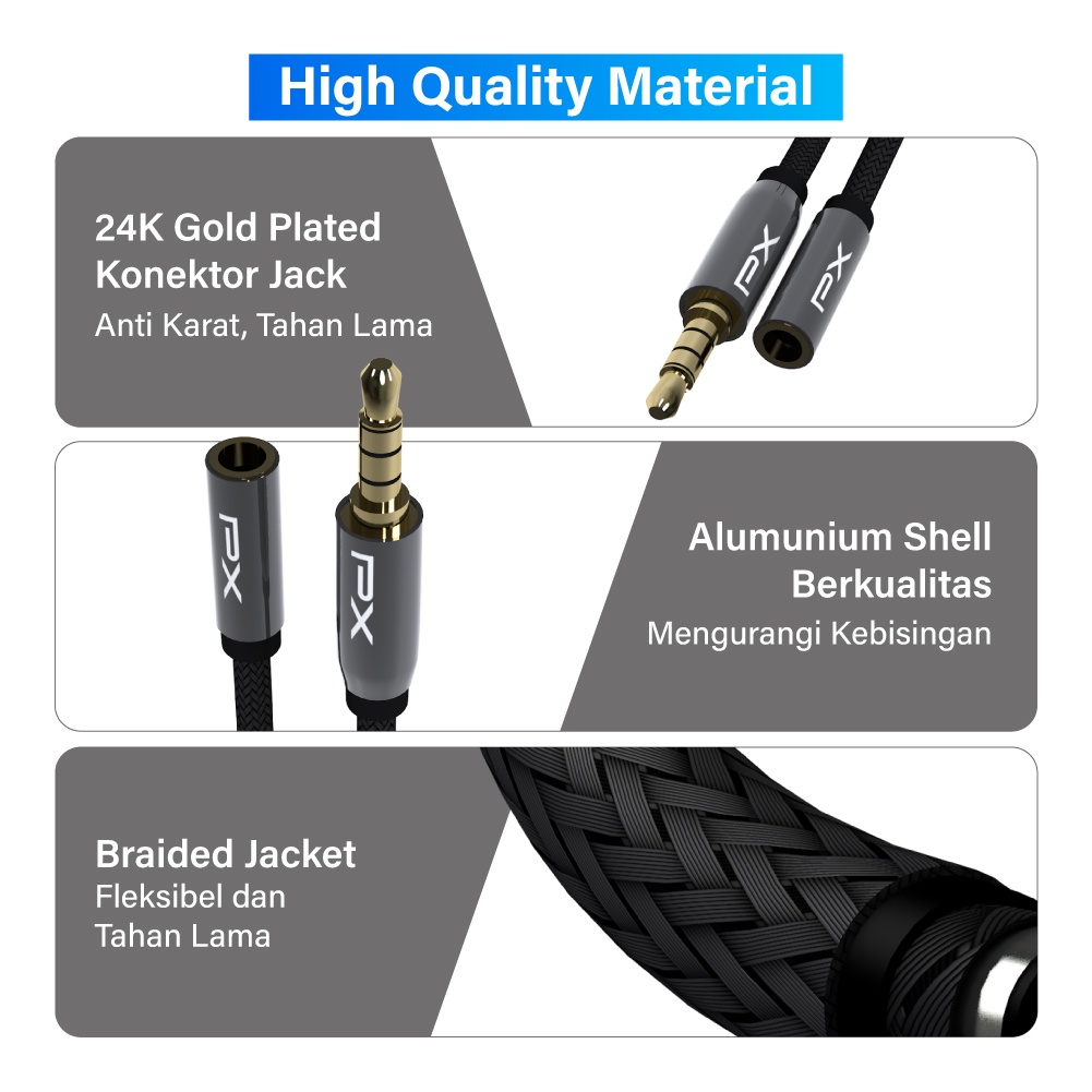 Kabel Aux Extension Audio 3.5mm TRRS Male to Female Gold Plated Braided Stereo HiFi Headphone Speaker Amplifier 1.5 Meter PX CO-YP00215