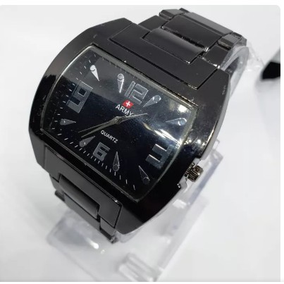 Jam tangan pria rantai Army Time persegi hitam pekat