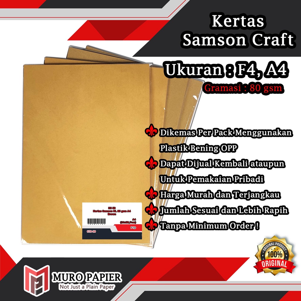 

( PER PAK - ISI 50 ) Kertas Samson Craft 80 gsm F4 A4 - by Muro Papier