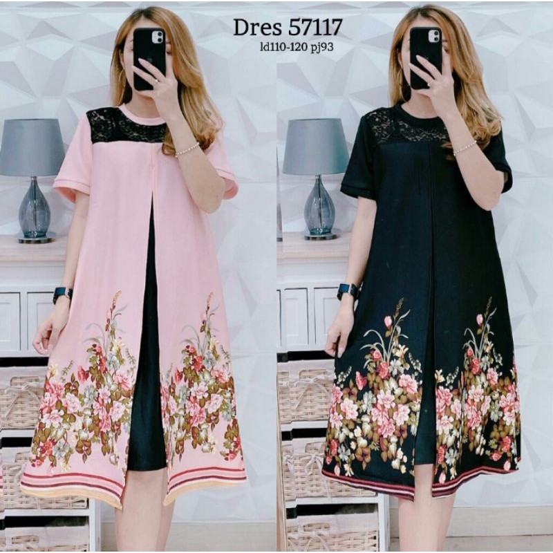 Dress Wanita Import Motif Bunga / Bahan Scuba Import 57117