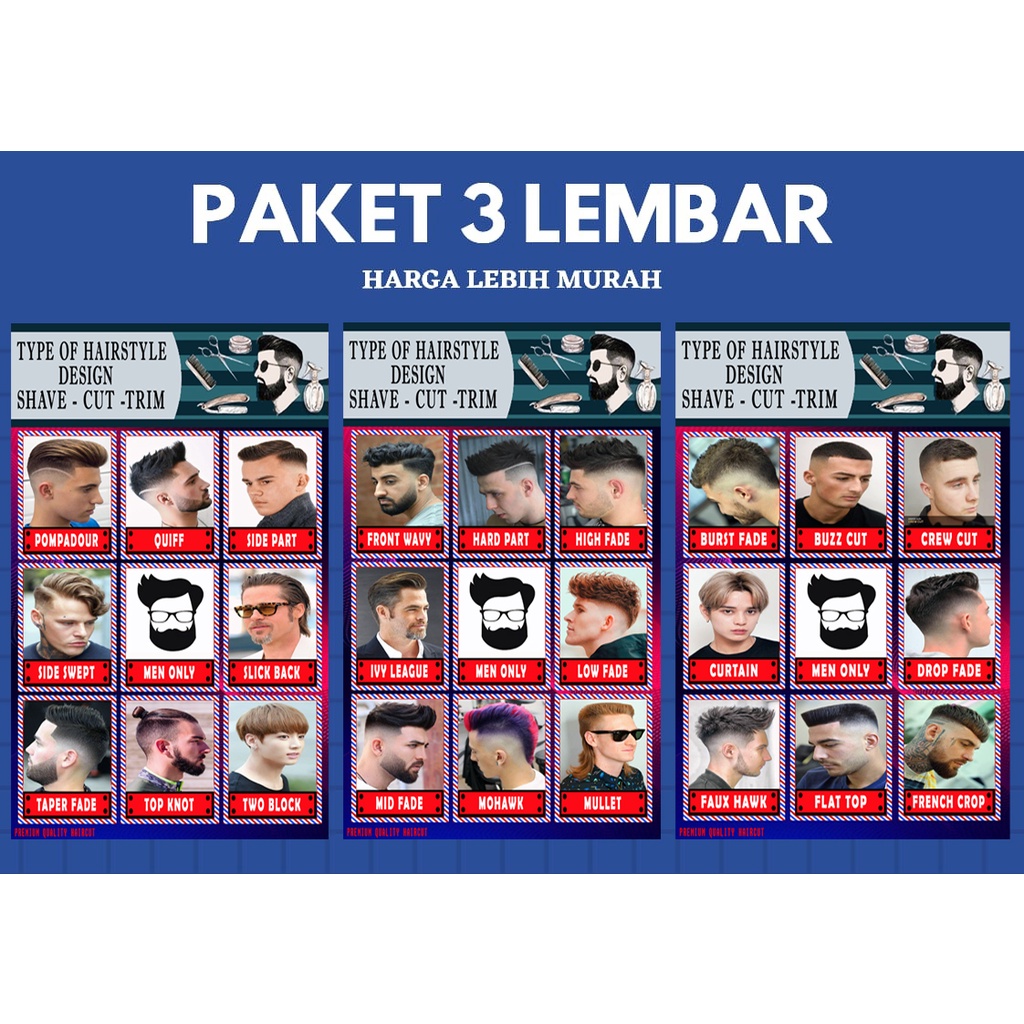 Jual paket 3 lembar /poster pangkas rambut / Poster barbershop / Poster ...