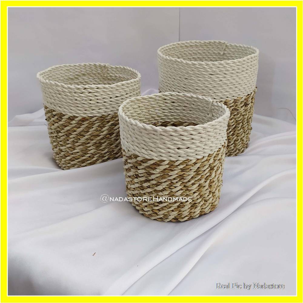 Keranjang anyaman seagrass isi 3 / cover pot mini motif lurik 3 in 1