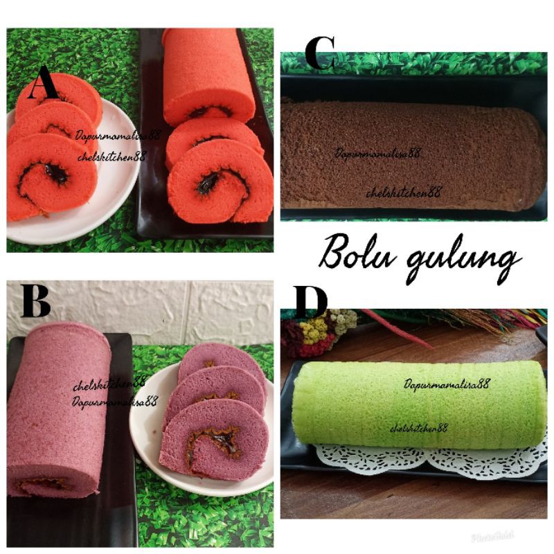 

bolu gulung redvelvet,pandan,coklat,pandan selai straberryUk 24