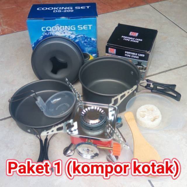 Paket  Cooking set 3 Orang + Kompor Portable Windproof  DS-200 DS200 SY-200 SY200 Mawar