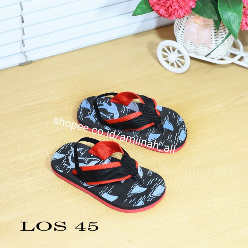 Sandal anak lucu tali belakang motif LUMBA Hitam Plat Red