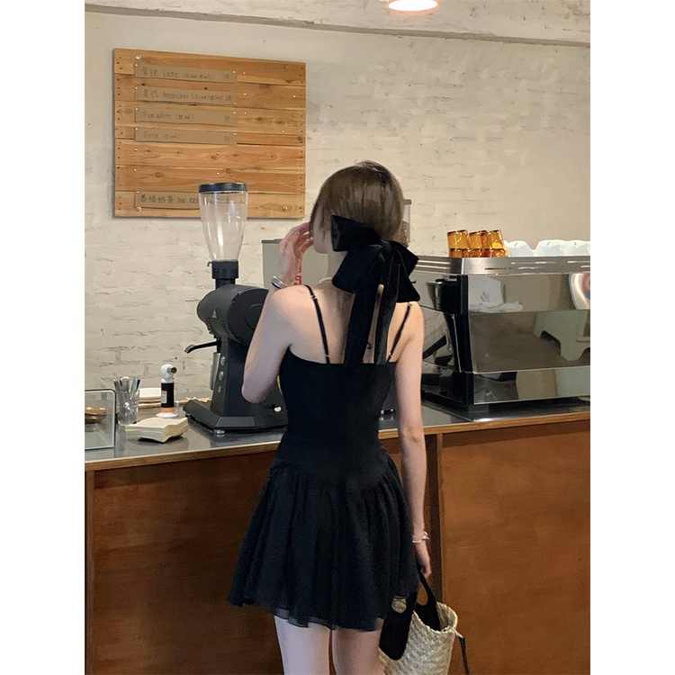 Suhao hitam v-neck suspender dress wanita musim panas gaun hitam kecil terbuka kembali tanpa lengan