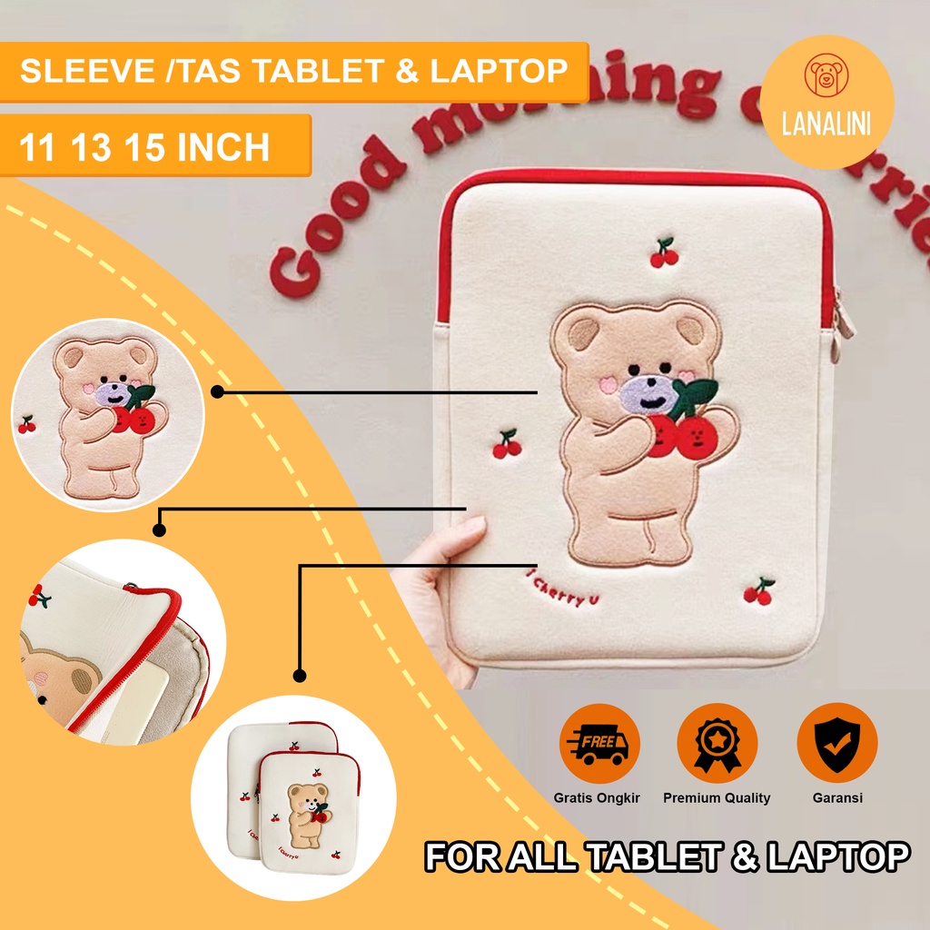 Sleeve Pouch Sarung Tas Bag Case Ipad Tab Tablet Macbook Air Pro Laptop Asus Acer Lenovo HP Huawei 11 12 13 14 15 inch Motif Gambar Cherry Bear Beruang Cery Warna Putih Merah Lucu Cute Murah Korean Model