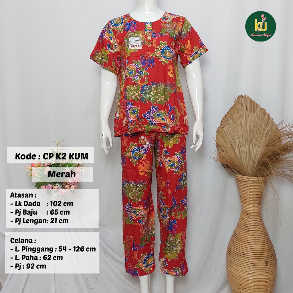 COD SETELAN BATIK KENCANA UNGU ASLI | Baju Santai Tidur Wanita Setelan Celana Panjang Piyama Motif-Merah A