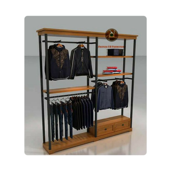 Stand baju rangka besi dan kayu