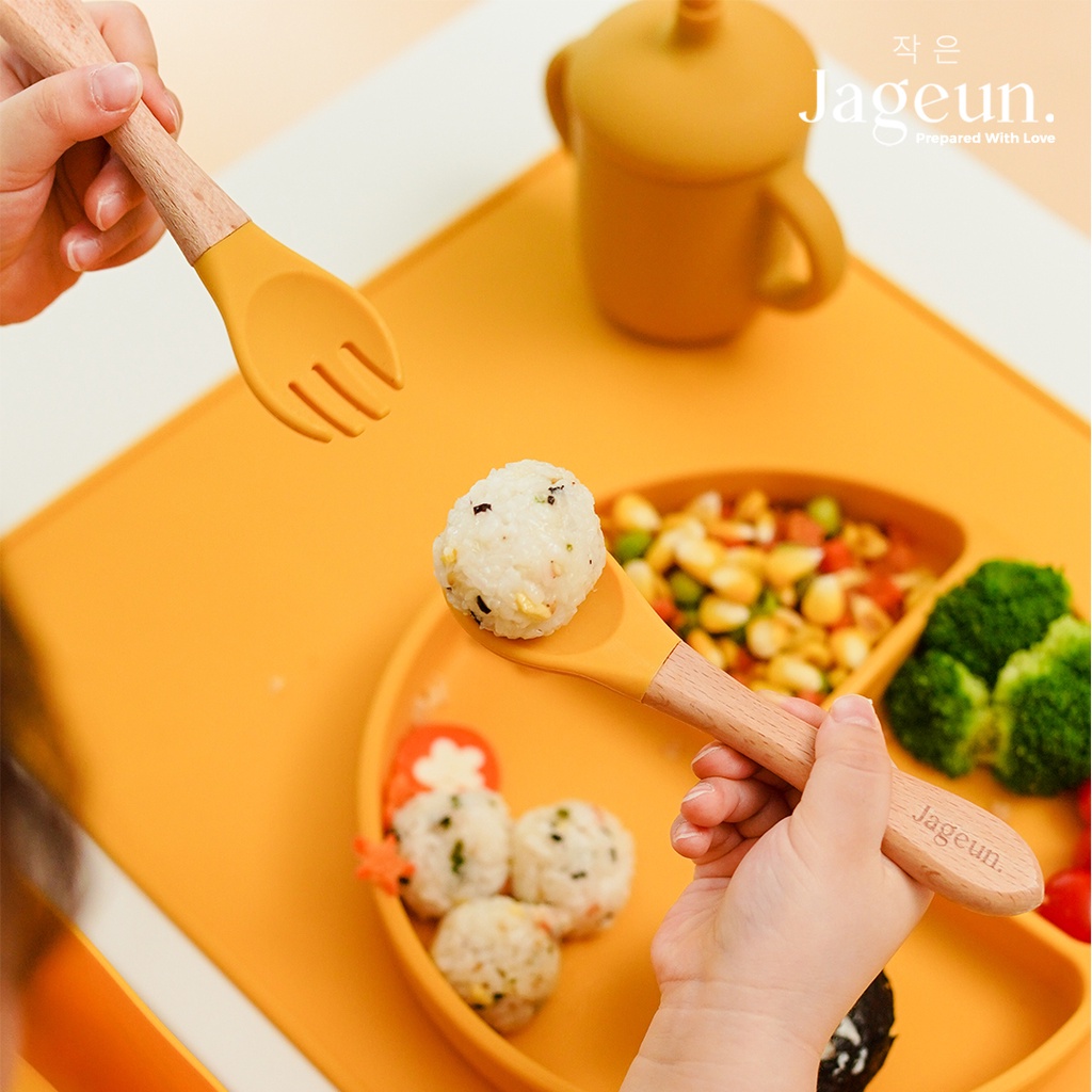 JAGEUN Premium Silicone Wood Spoon n Fork | Sendok Garpu Kayu Bambu Set Alat Makan MPASI Bayi