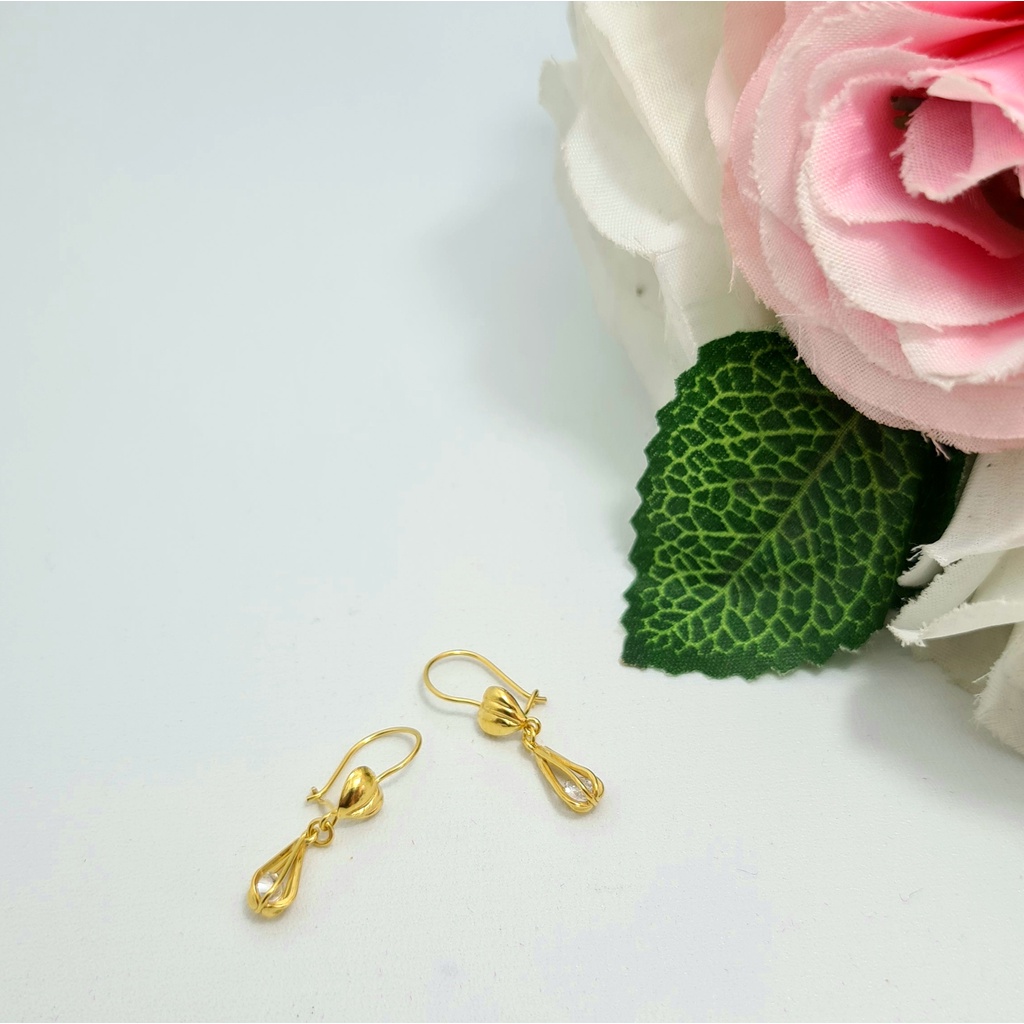 Anting Kait Emas Muda Bandul Sangkar Kristal Putih