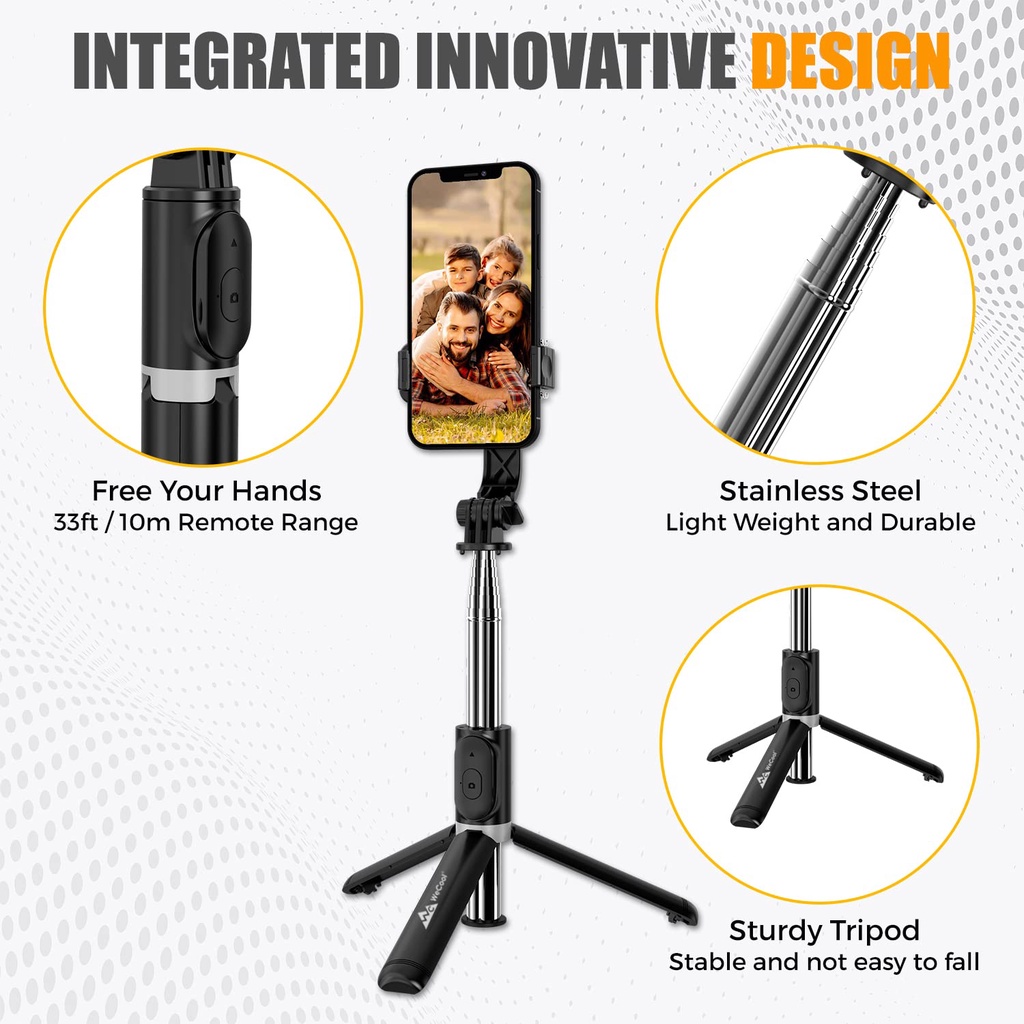 WeCool S2 Bluetooth Extendable Selfie Stick Tongkat Selfie Bluetooth yang Dapat Diperpanjang dengan Remote Nirkabel Panjang 103 Cms Tongkat Selfie Dapat Disesuaikan dan Dapat Diputar Desain Kompatibel untuk iPhone dan Semua all phones