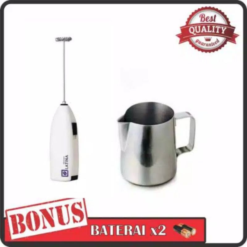 PAKET STAINLESS MILK JUG 600 ml ONE TWO CUPS + MILK FROTHER LATINA - BARISTA PROFESSIONALS TOOL