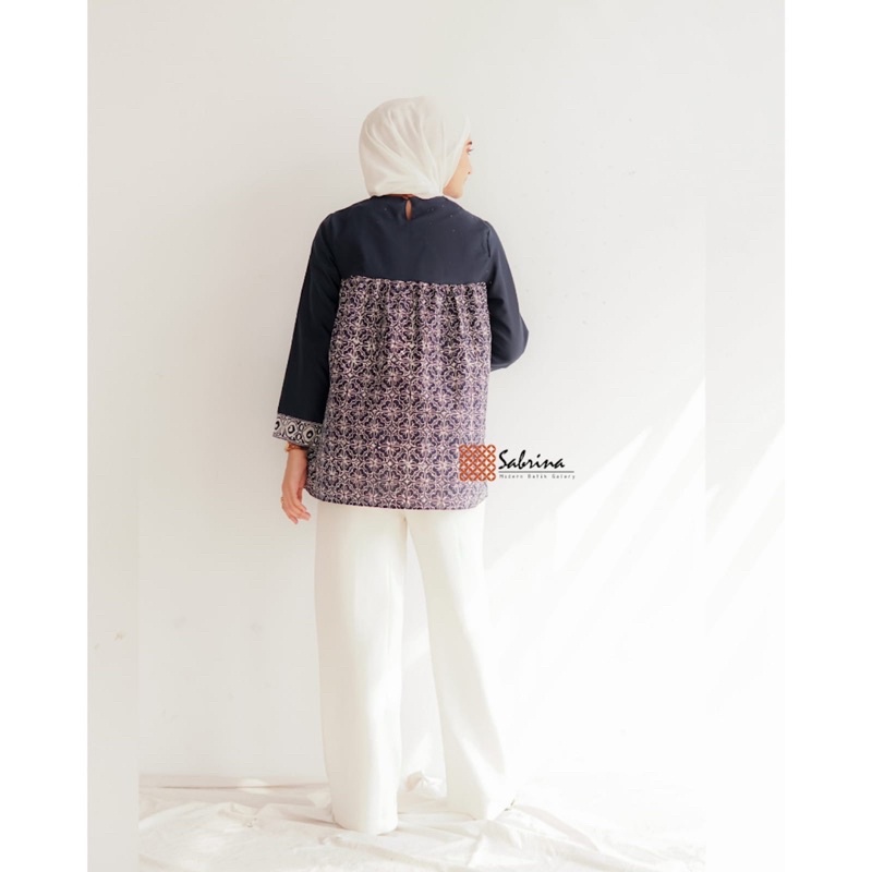 Adena Navy Blouse Atasan Batik Wanita Kerja Kantor Modern Kekinian Katun Cap