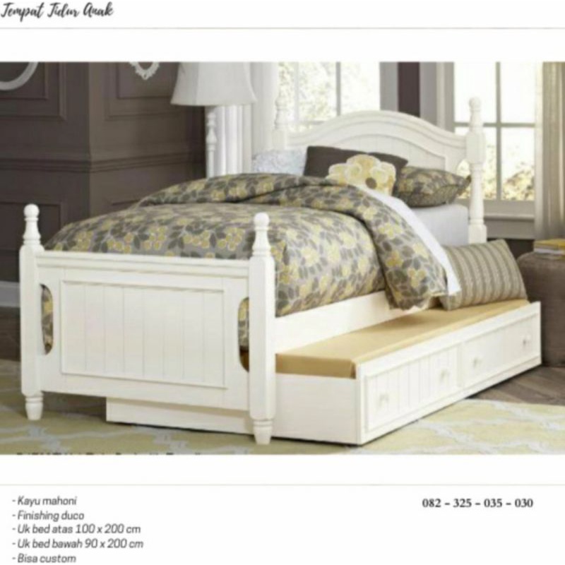 tempat tidur mewah elegant 2 tingkat, ranjang kayu minimalis 2 in one anak perempuan