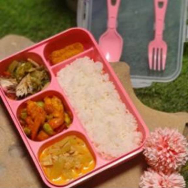 Lunch box/ Tempat makan sekat 5 sendok garpu  pink golden lemon termurah