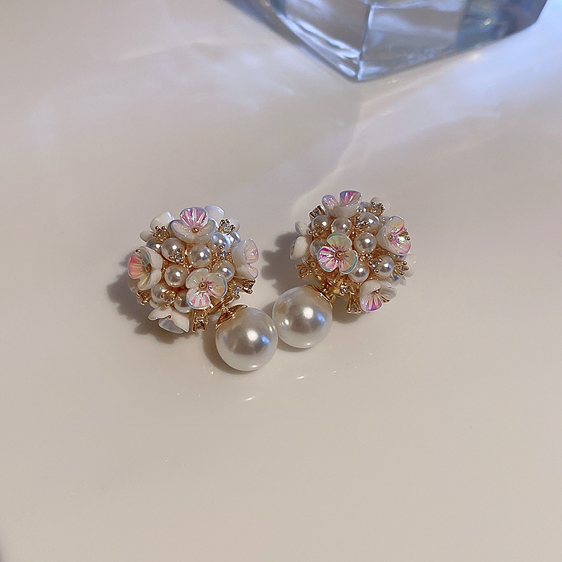 Anting 925 Silver Needle Zircon Mutiara Bentuk Bunga Gaya Retro Perancis