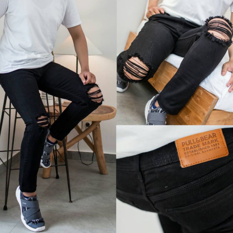 Celana Jeans Sobek Pria Ripped Jeans Celana Jeans Biker Celana Jeans Hitam Pria Skinny P&amp;B